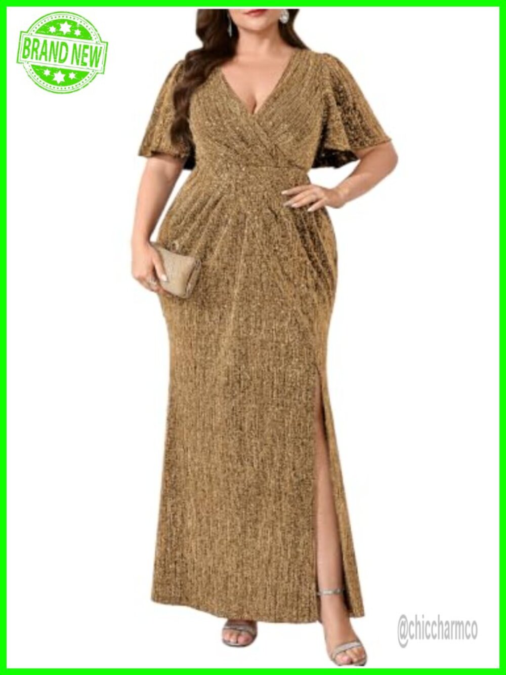 Plus Size Sequin Embroidered Formal Gown V-Neck Ruffle Sleeve Mermaid Maxi Dress